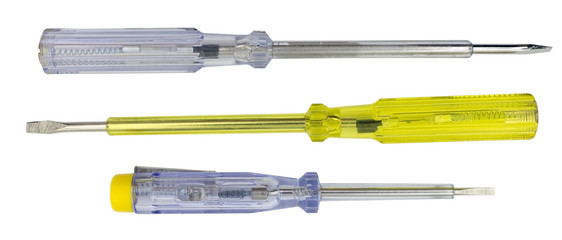 Electricity current meter and turn-screw tools isolated on white