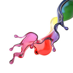 Splash of color rainbow transparent liquid on a white background. 3d illustration, 3d rendering.