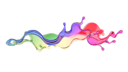 Splash of color rainbow transparent liquid on a white background. 3d illustration, 3d rendering.
