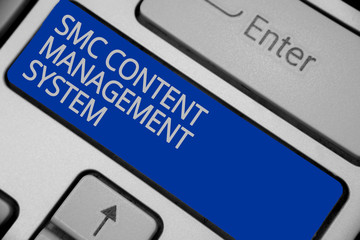 Conceptual hand writing showing Smc Content Management System. Business photo text mangae creation and modification of posts Keyboard blue key create computer computing reflection document