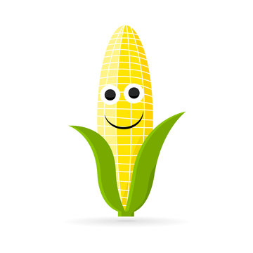 Vector image of ripe corn in cartoon style with a friendly smile isolated on a white background