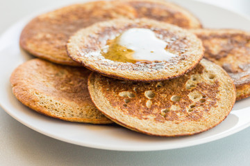 Bannana pancake close up on the kitchen table