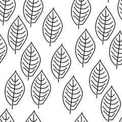Fototapeta premium Contours of leaves. Black and white colors. Scandinavian style. White background. Seamless pattern. Primitive drawing. Children's illustration. Yellow umbrellas. For a different design.