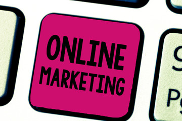 Writing note showing Online Marketing. Business photo showcasing form advertising which uses Internet deliver customer needs.