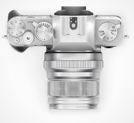 Ultra realistic 3d SLR retro style photo camera. With leather part. Top view isolated on white background. Vector illustration
