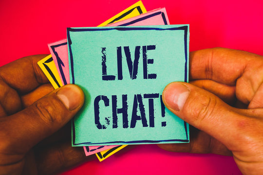 Writing note showing Live Chat Motivational Call. Business photo showcasing Real time media conversation Online communicate Small multi colour notes hand border plane background remember card