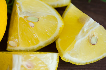 Lemon slices over a wooden background with a green sprig