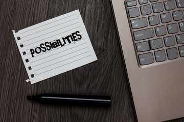 Word writing text Possibilities. Business concept for Things that may happen or be the case State...
