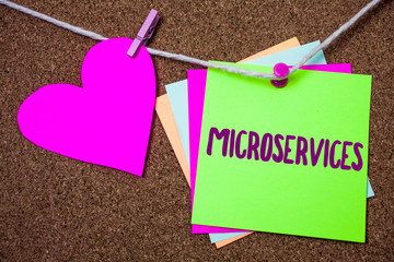 Word writing text Microservices. Business concept for Software development technique Decomposing an application Heart thread sticky small cliped string thumb pin dark rough background
