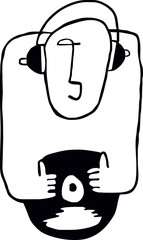 Cartoon funny DJ illustration.  Cartoon funny DJ illustration with LP and headphone black on white line 