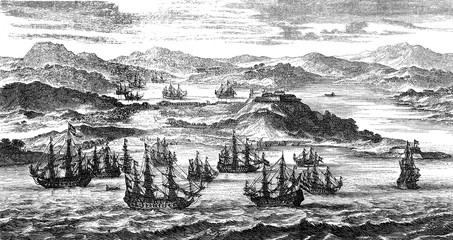 Departure of the Spanish treasure fleet to West Indies across the Atlantic ocean © acrogame