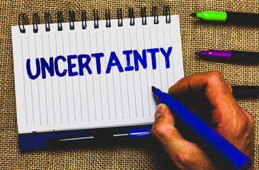 Conceptual hand writing showing Uncertainty. Business photo showcasing Unpredictability of certain...