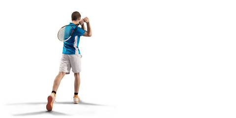 Isolated Male athlete plays tennis on white background