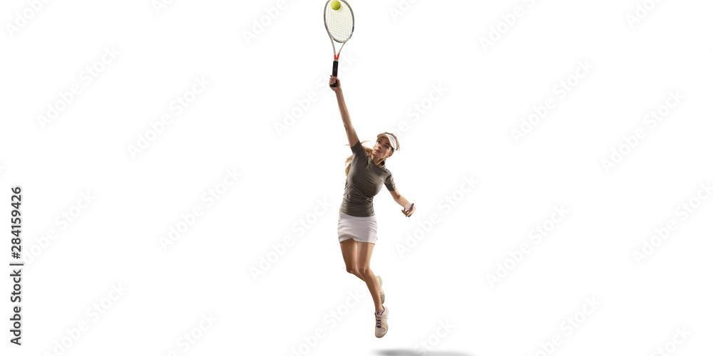 Wall mural isolated female athlete plays tennis on white background