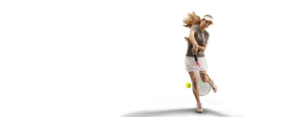 Isolated Female athlete plays tennis on white background
