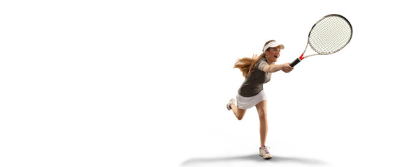 Isolated Female athlete plays tennis on white background
