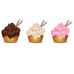 Cupcake vanilla, chocolate, strawberries on white background.