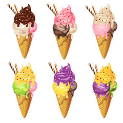 Ice cream vanilla, chocolate, strawberries, banana, blueberries, kiwi set  isolated on white background