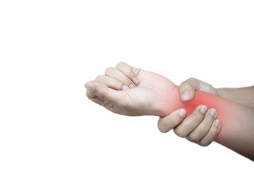 A woman has pains in the wrist. The wrist hurts a woman on white background isolatation.Close up Woman holding her wrist, pain concept, Office Syndrome.