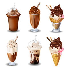 Set of  ice cream, hot chocolate, milk shake. On white background