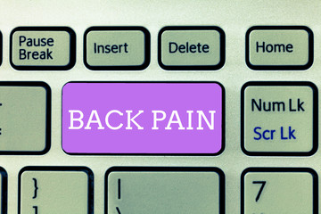 Writing note showing Back Pain. Business photo showcasing Soreness of the bones felt at the lower...