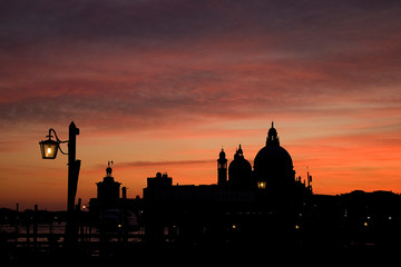 Venice winter mysterious romantic: The Basilica of Santa Maria della Salute at sunset