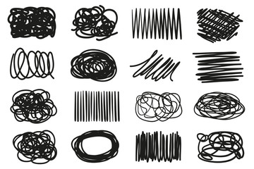 Hand drawn hatching shapes on isolated white background. Abstract tangled doodles. Black and white illustration