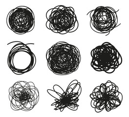 Hand drawn hatching shapes on isolated white background. Wavy tangled doodles. Black and white illustration