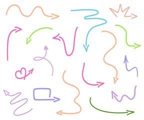Colored infographic elements isolated on white. Set of sketchy abstract arrows. Hand drawn simple pointers. Sketchy symbols for work