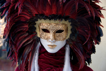 Venice winter mysterious romantic: detail of woman disguised and hidden with venetian mask