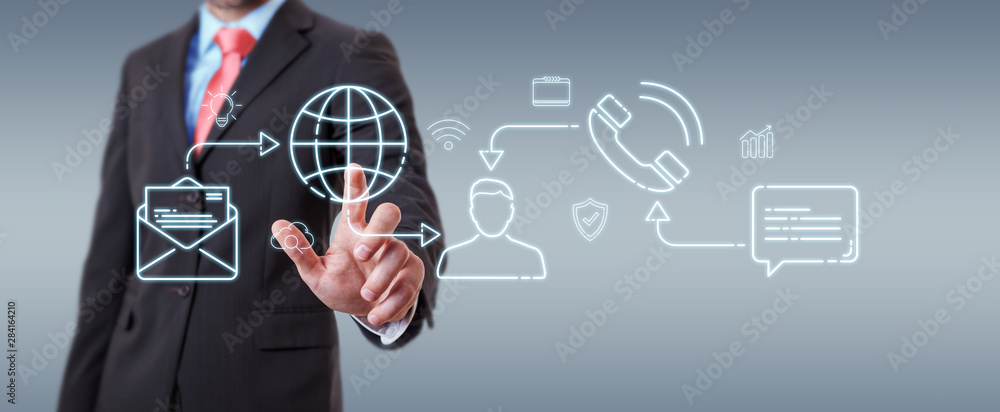 Poster businessman using thin line social network icons interface
