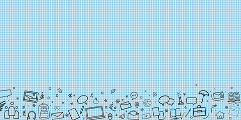 Abstract checkered pattern with school supplies. Graphic paper background. Back to school. Hand drawn elements. Education concept