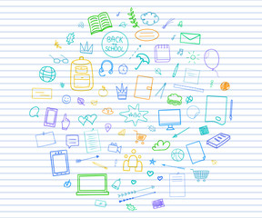 Abstract line pattern with school supplies. Graphic stripe paper background. Striped texture. Back to school. Hand drawn line backdrop. Education concept