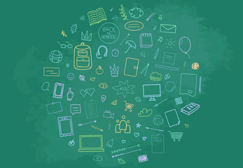 Back to school. Abstract blackboard. Background with hand drawn school supplies. Banner design. Education concept