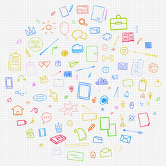 Abstract checkered pattern with school supplies. Graphic paper background. Back to school. Hand drawn elements. Education concept