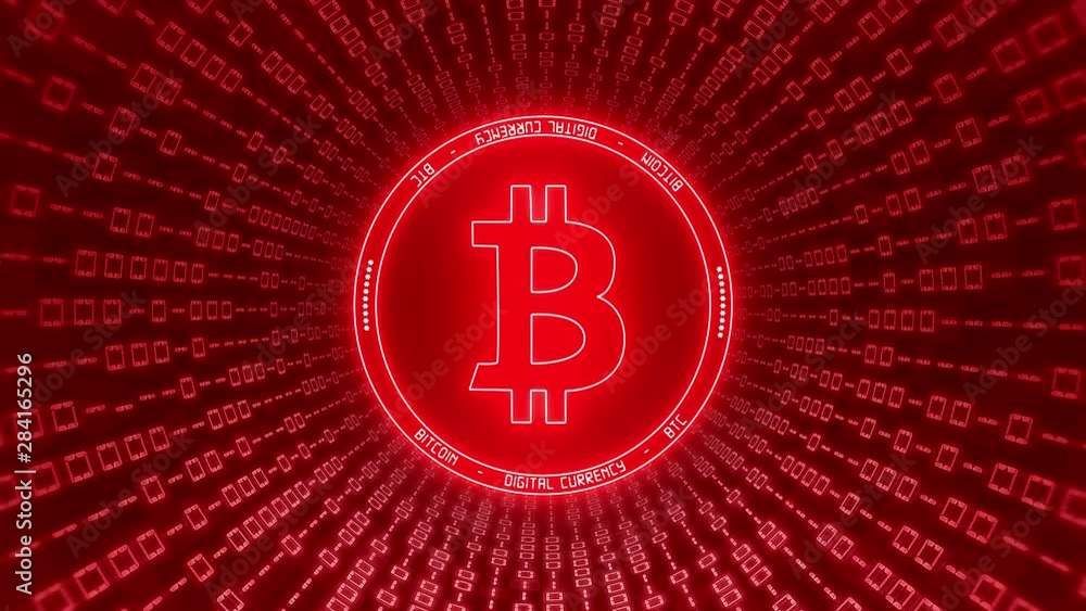 Poster video animation of the bitcoin logo in red with a tunnel of binary code - digital currency - cryptoc