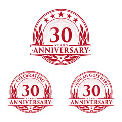 30 years anniversary logo set. 30th years anniversary celebration logotype. Vector and illustration.