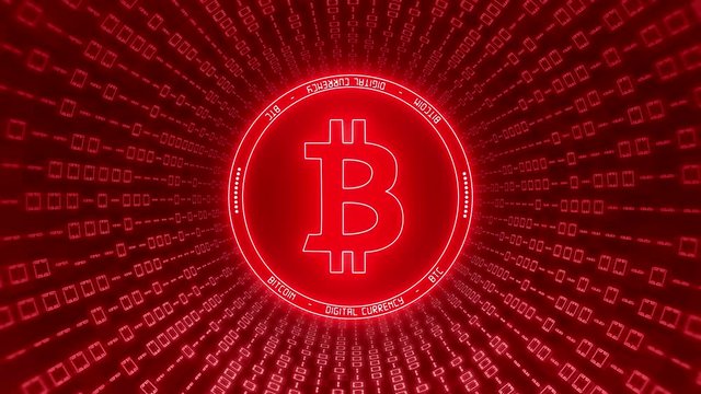 Video animation of the Bitcoin logo in red with a tunnel of binary code - Digital currency - Cryptocurrency
