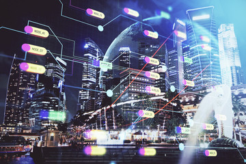 Map and data theme hologram on city view with skyscrapers background double exposure. International technology in business concept.