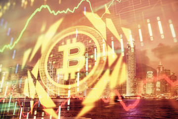 Multi exposure of cryptocurrency theme hologram drawing and city veiw background. Concept of...