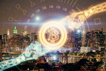 Multi exposure of cryptocurrency theme hologram drawing and city veiw background. Concept of...