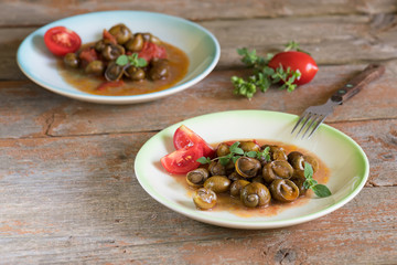Delicious Apulian snails called munaceddi with tomato sauce, oregano on a wooden background, close up and copy space, Salento food.