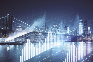 Financial graph on night city scape with tall buildings background multi exposure. Analysis concept.