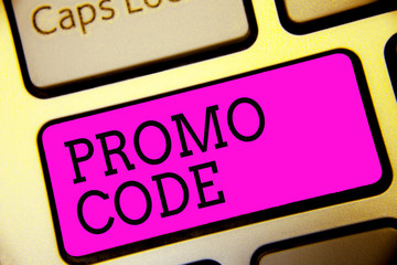 Text sign showing Promo Code. Conceptual photo digital numbers that give you good discount on certain product Keyboard purple key Intention create computer computing reflection document