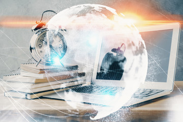 Double exposure of business theme icons and work space with computer background. Concept of success.