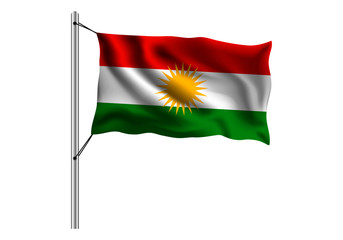 Waving Kurdistan flag on flagpole on isolated background, flag of Kurdistan, vector illustration