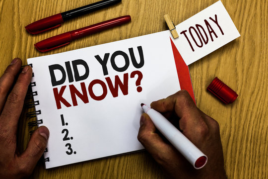 Handwriting text writing Did You Know question. Concept meaning Fun Facts and Figures Information General Knowledge Man holding marker notebook clothespin reminder wooden table cup coffee
