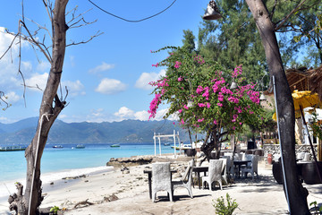 Flowers, tables and chairs on the sandy beach of Gili Meno Island, Lombok, Indonesia