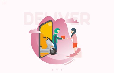 Fototapeta premium Flat style illustration of delivery man courier Delivering package and food for customer at home service for landing page and website
