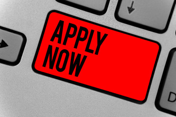 Text sign showing Apply Now. Conceptual photo An act of a person to acquire the job related to the...